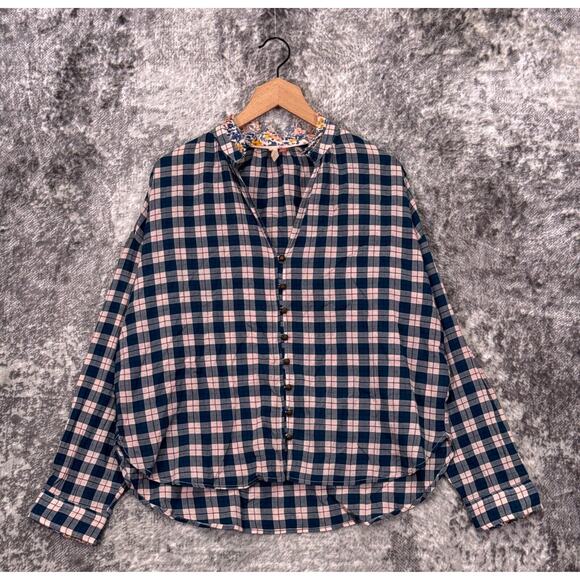 Anthropologie Top Medium Womens Pilcro Button Up Plaid Oversize Blue Pink Check - Picture 1 of 8